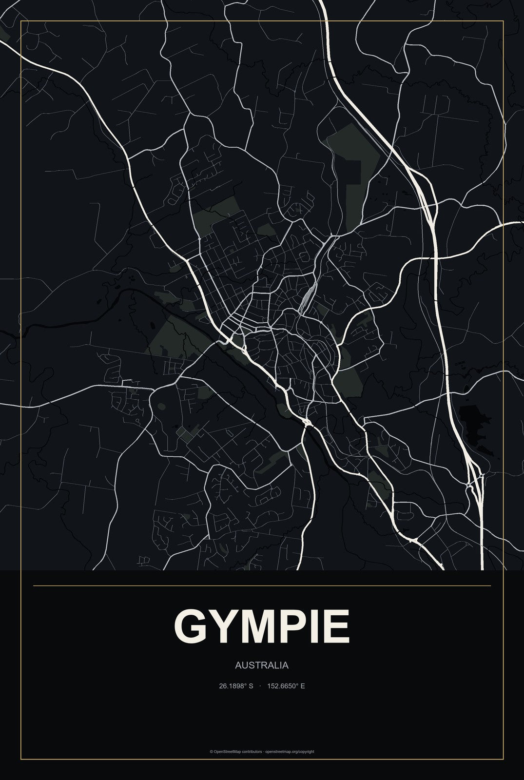 Gympie, Australia City Map Aluminum Sign in Metropolitan Noir style