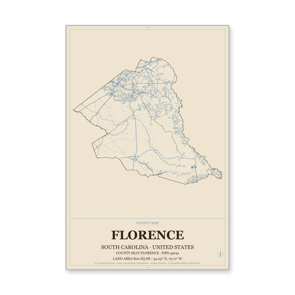 Florence County, South Carolina Map Aluminum Sign in Heritage Nautical style