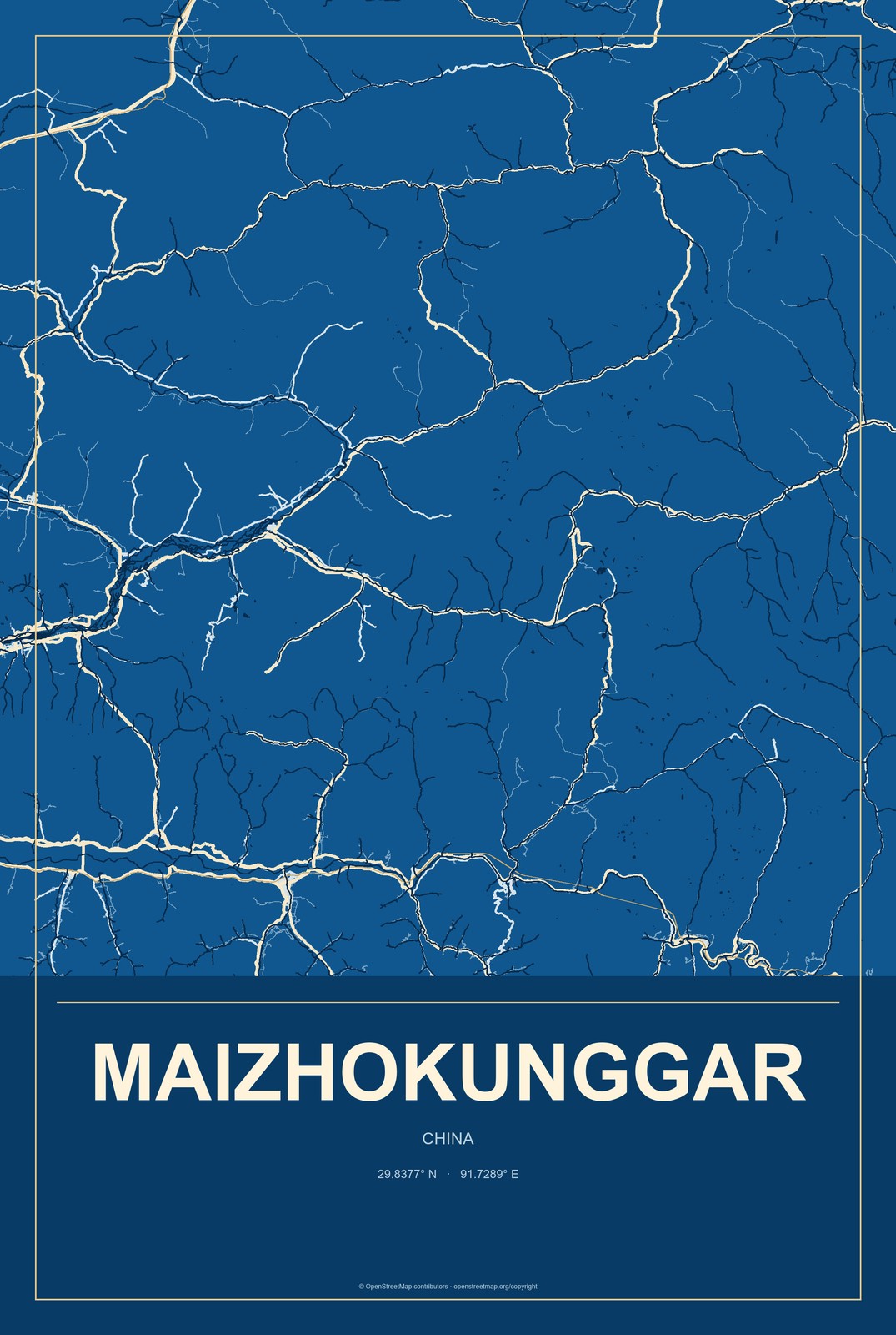 Maizhokunggar, China City Map Aluminum Sign in Harbor Cobalt style