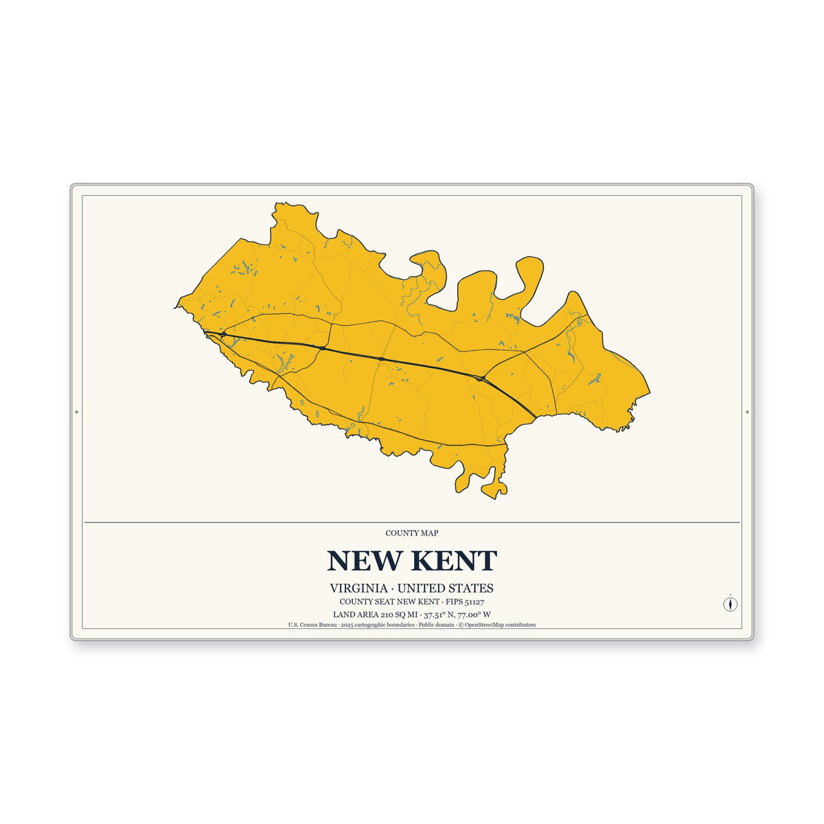 New Kent County, Virginia Map Aluminum Sign in Citrine Modern style