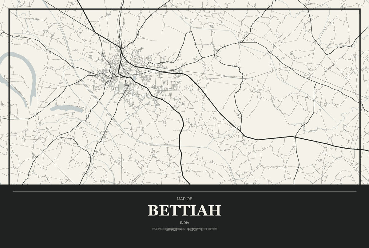 Bettiah, India City Map Aluminum Sign in Museum Plaque style
