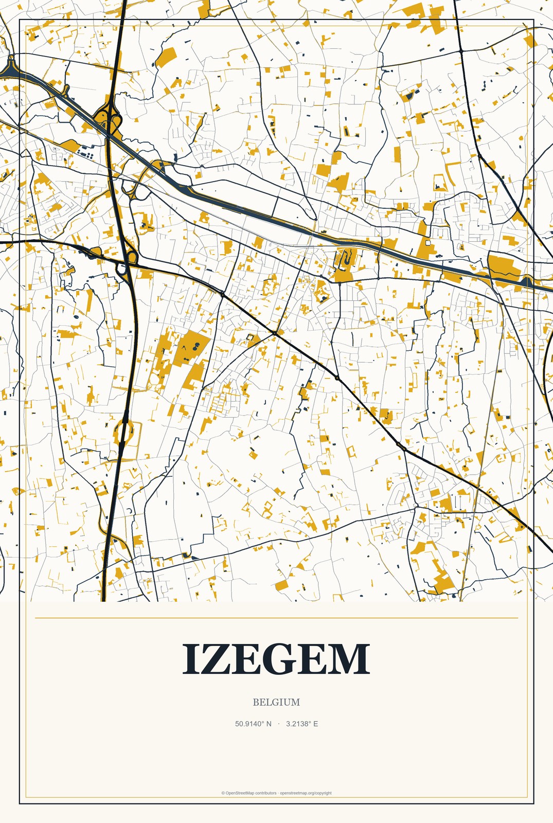 Izegem, Belgium City Map Aluminum Sign in Citrine Modern style