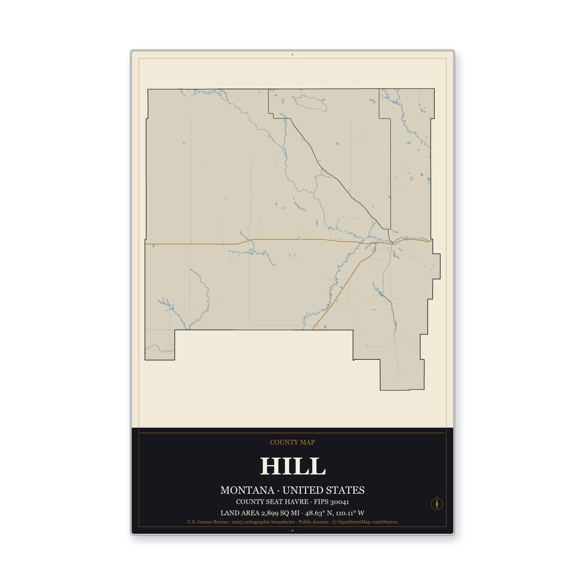 Hill County, Montana Map Aluminum Sign in Museum Plaque style