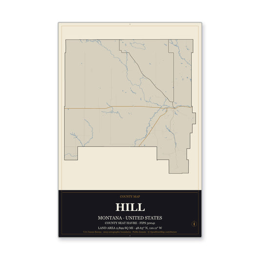 Hill County, Montana Map Aluminum Sign in Museum Plaque style