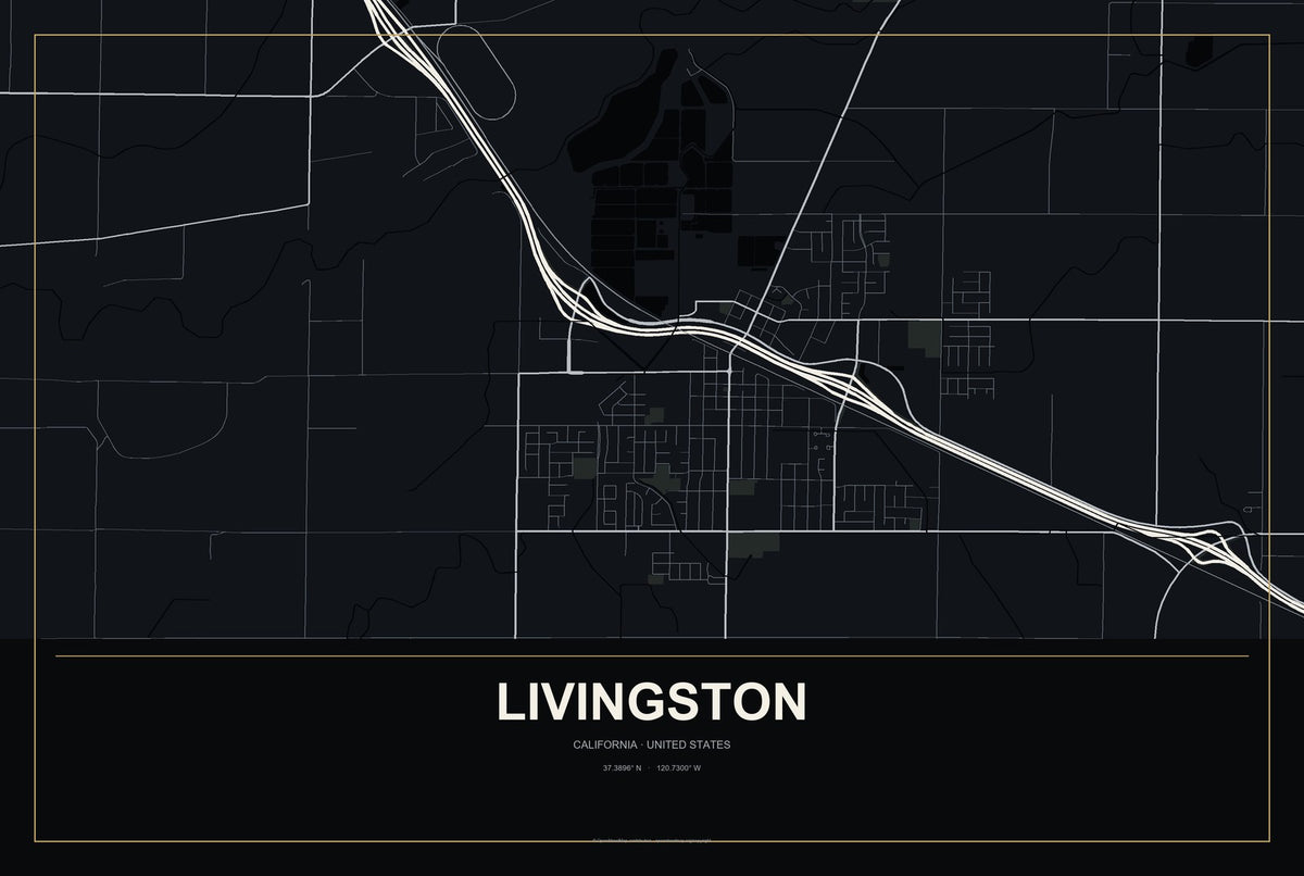 Livingston, California City Map Aluminum Sign in Metropolitan Noir style