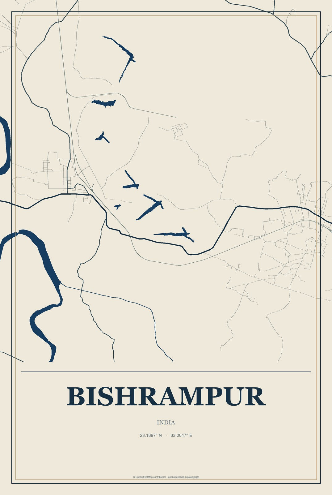Bishrampur, India City Map Aluminum Sign in Coastal Cutout style