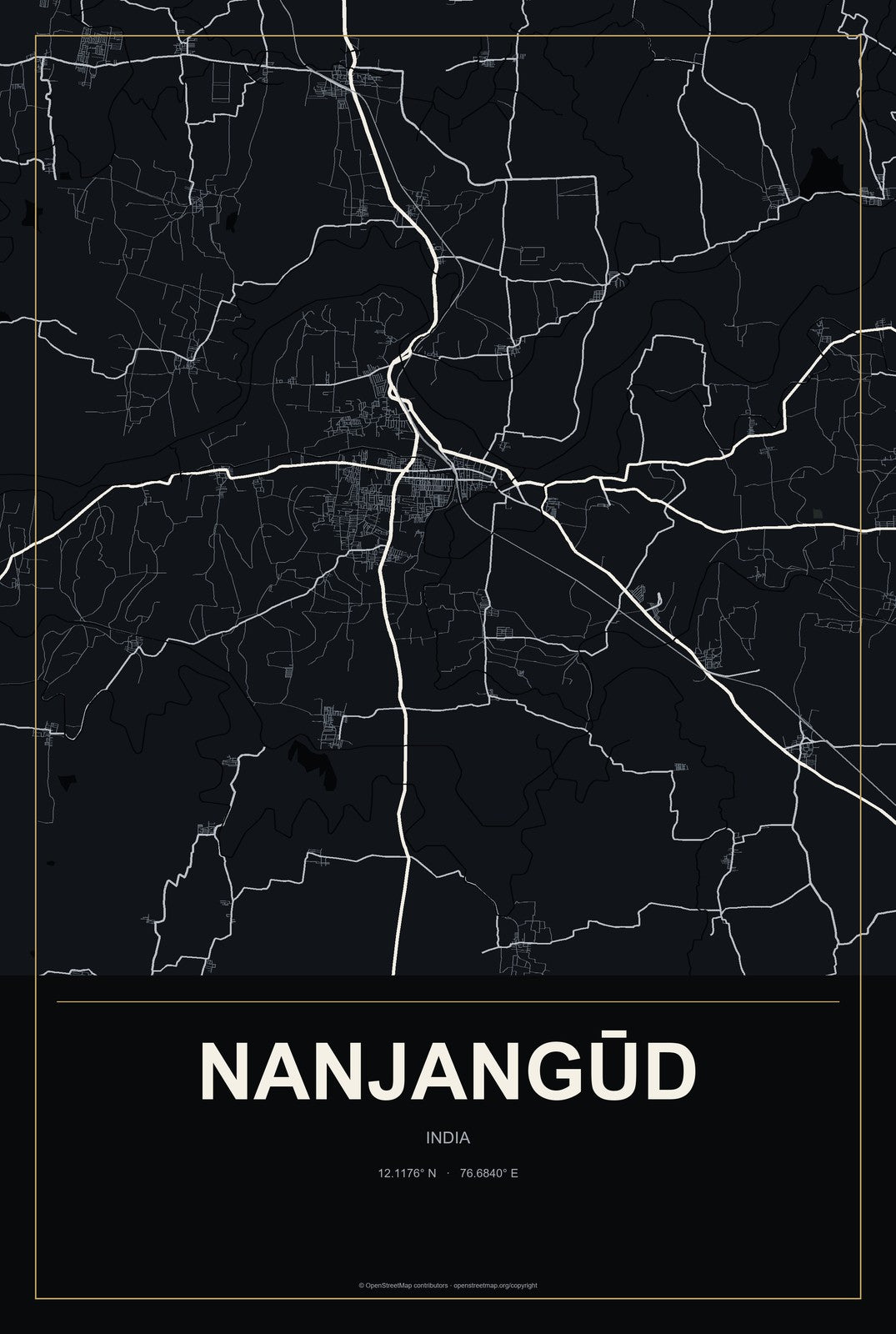 Nanjangūd, India City Map Aluminum Sign in Metropolitan Noir style