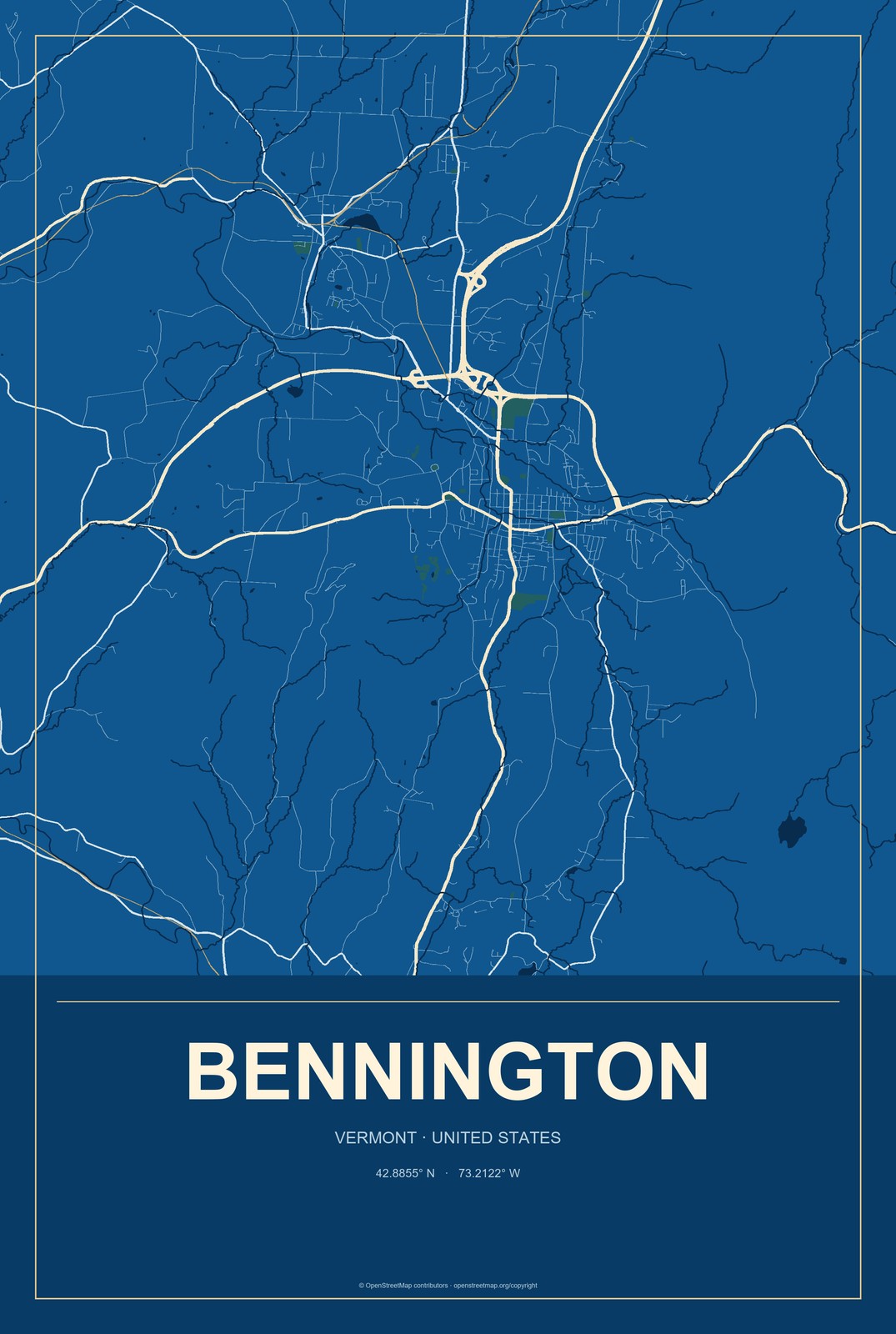 Bennington, Vermont City Map Aluminum Sign in Harbor Cobalt style