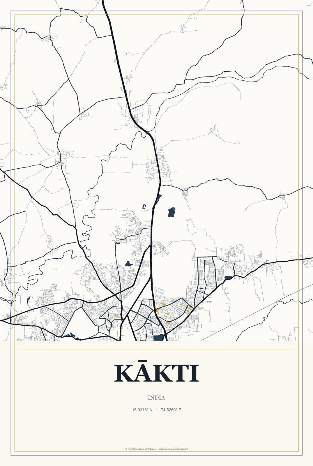 Kākti, India City Map Aluminum Sign in Citrine Modern style