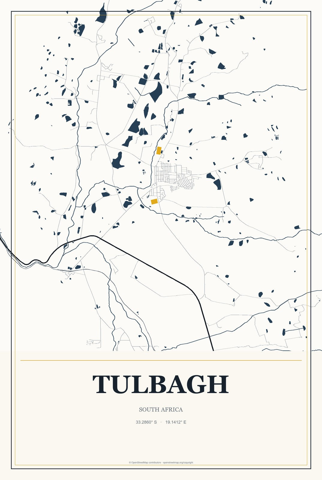 Tulbagh, South Africa City Map Aluminum Sign in Citrine Modern style