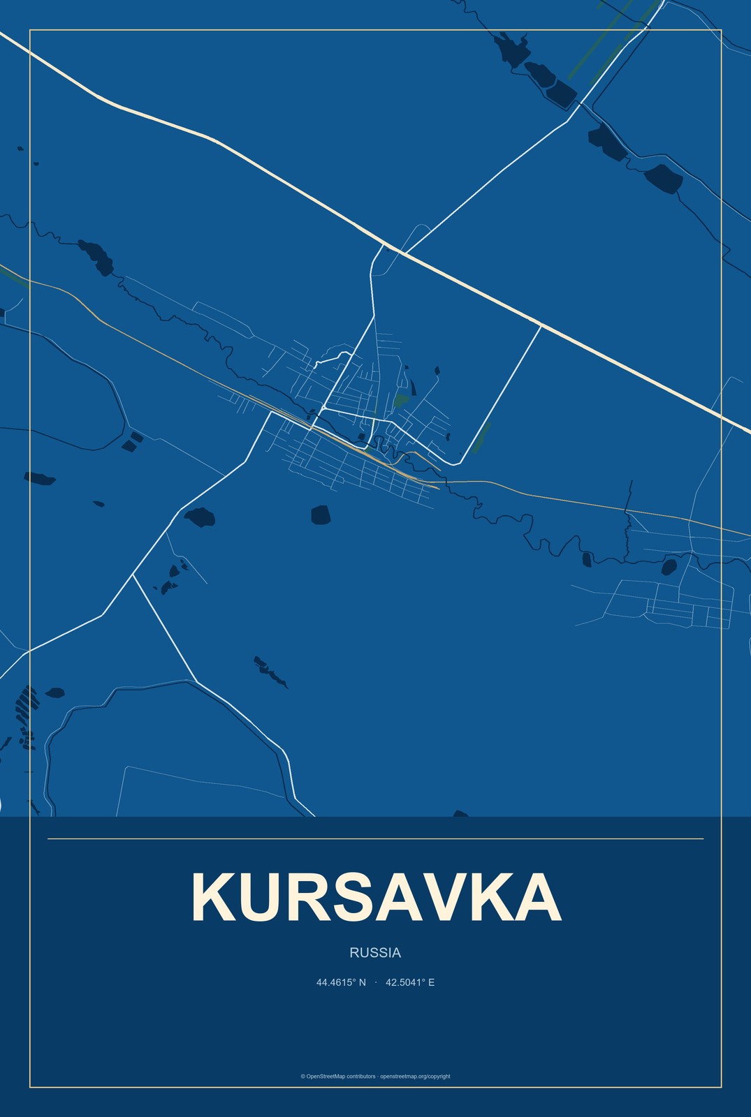 Kursavka, Russia City Map Aluminum Sign in Harbor Cobalt style
