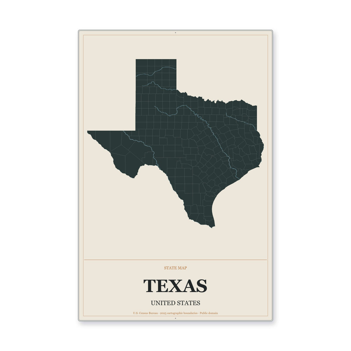 Texas state map aluminum sign in Headline Atlas style