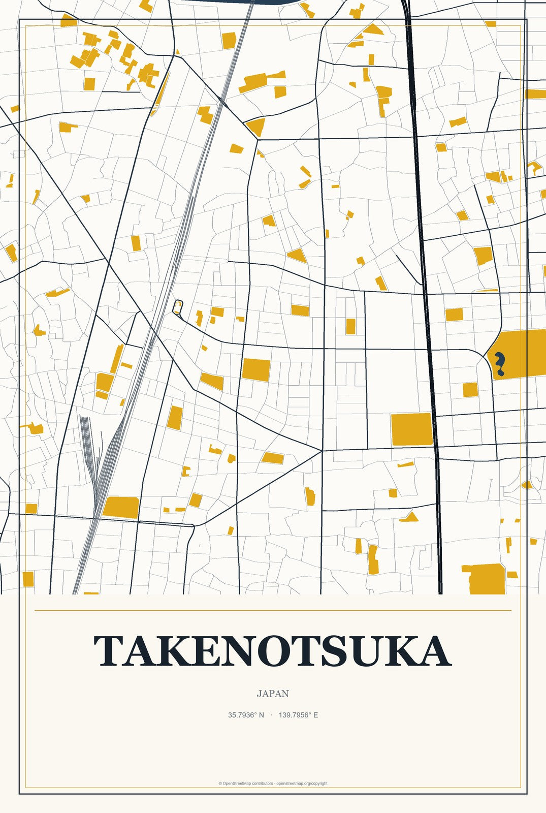 Takenotsuka, Japan City Map Aluminum Sign in Citrine Modern style