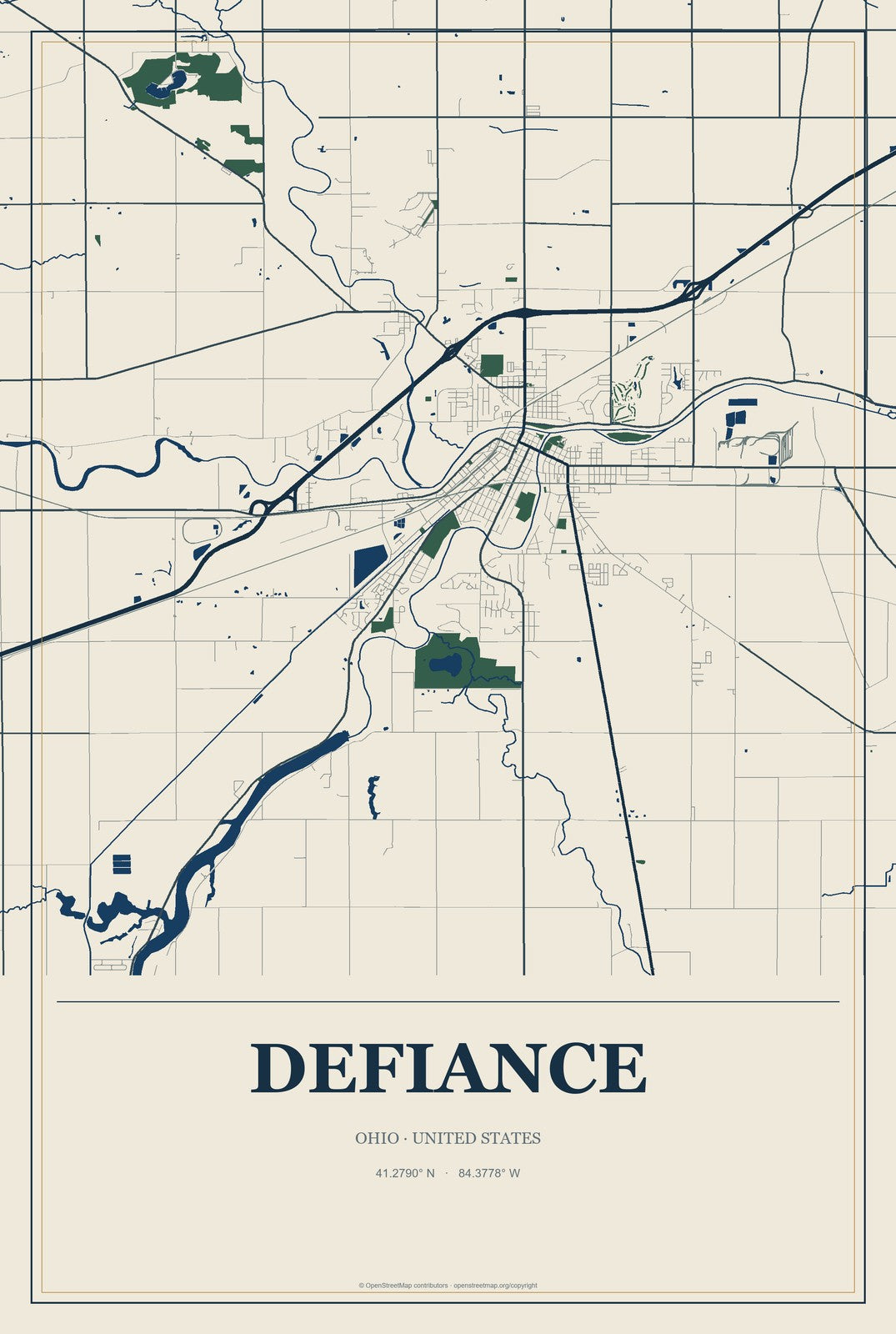 Defiance, Ohio City Map Aluminum Sign in Coastal Cutout style