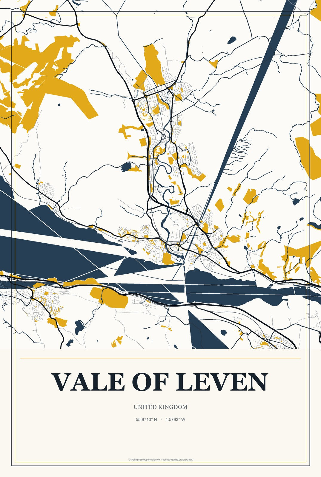 Vale of Leven, United Kingdom City Map Aluminum Sign in Citrine Modern style