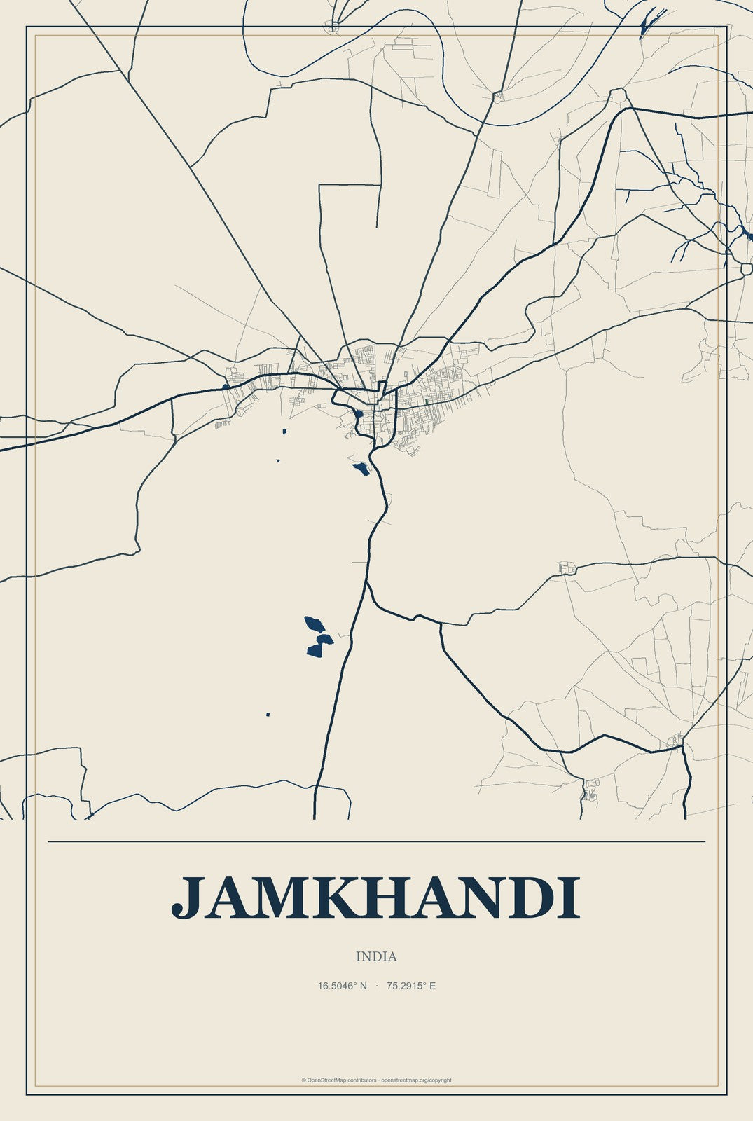 Jamkhandi, India City Map Aluminum Sign in Coastal Cutout style
