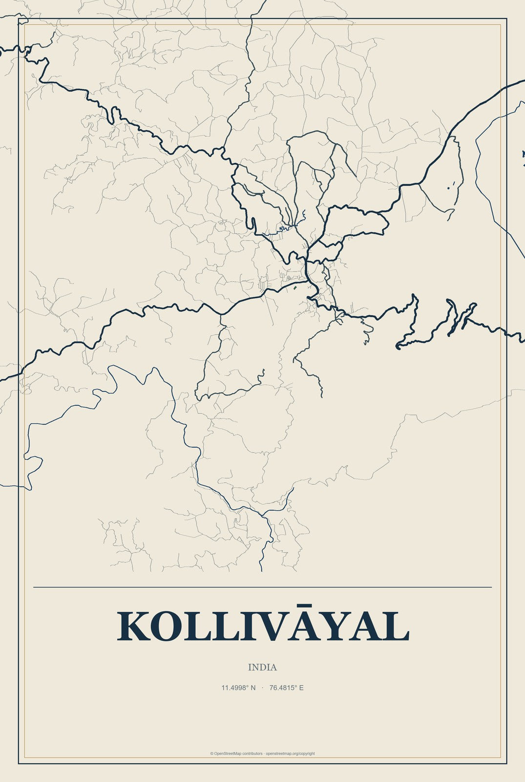 Kollivāyal, India City Map Aluminum Sign in Coastal Cutout style