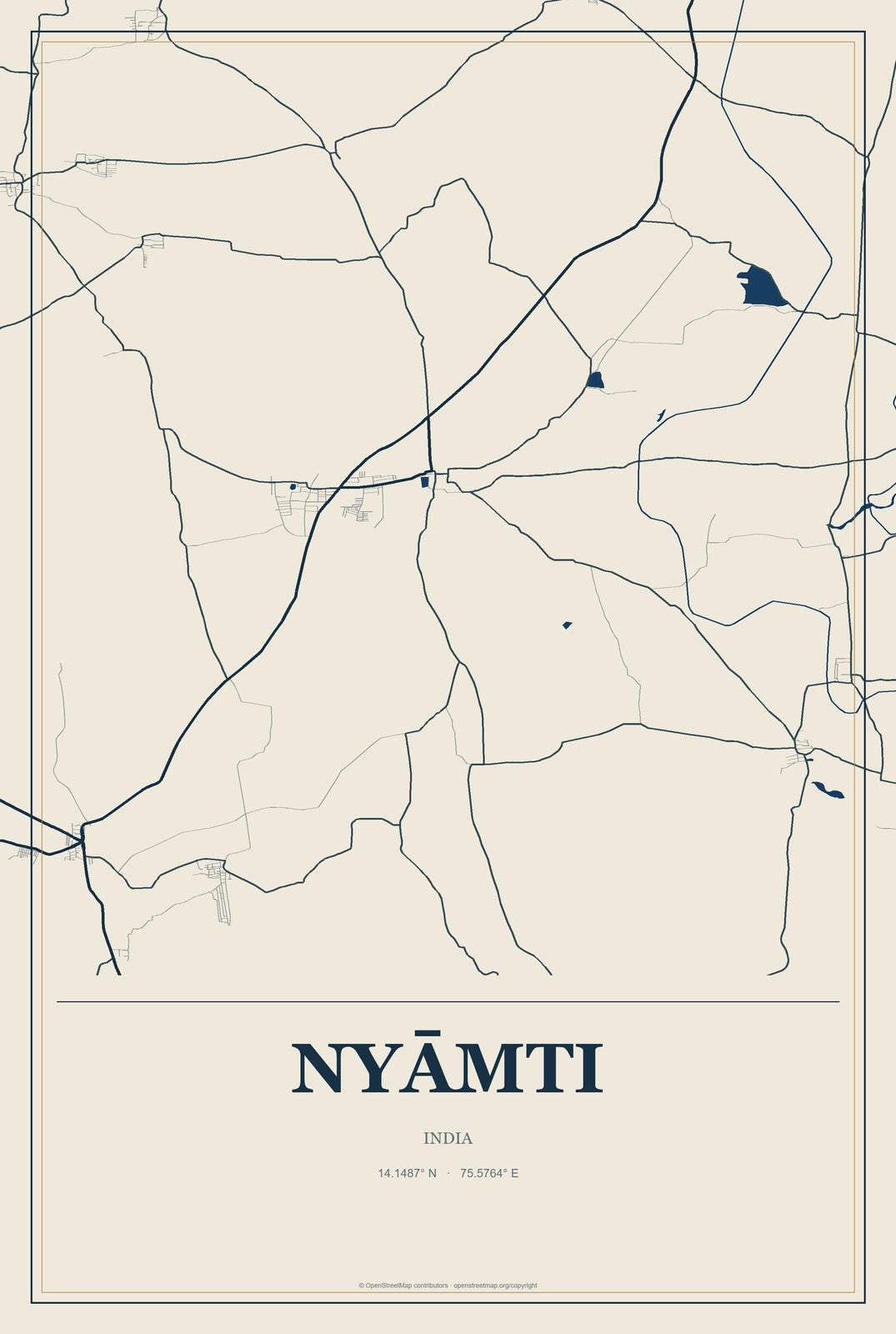 Nyāmti, India City Map Aluminum Sign in Coastal Cutout style