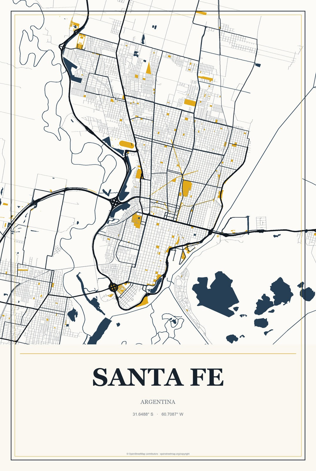 Santa Fe, Argentina City Map Aluminum Sign in Citrine Modern style