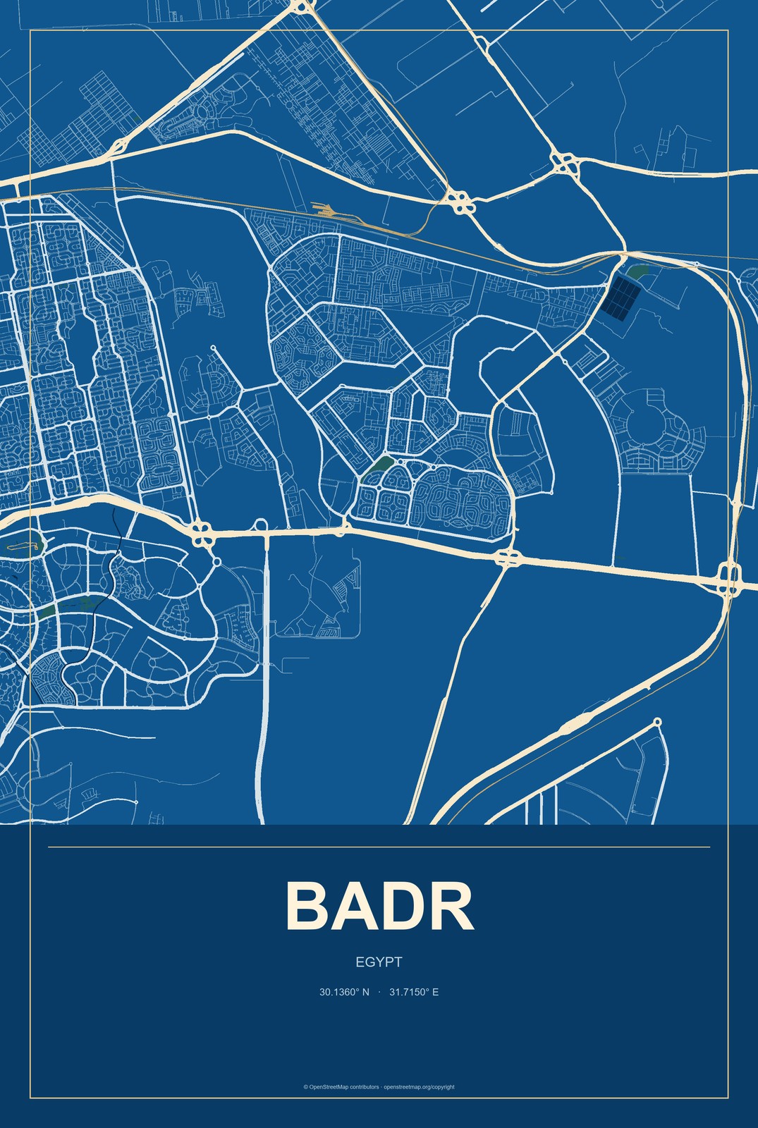 Badr, Cairo, Egypt City Map Aluminum Sign in Harbor Cobalt style