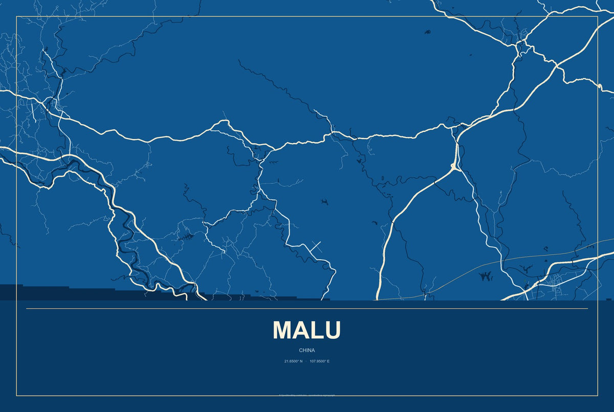 Malu, Guangxi, China City Map Aluminum Sign in Harbor Cobalt style