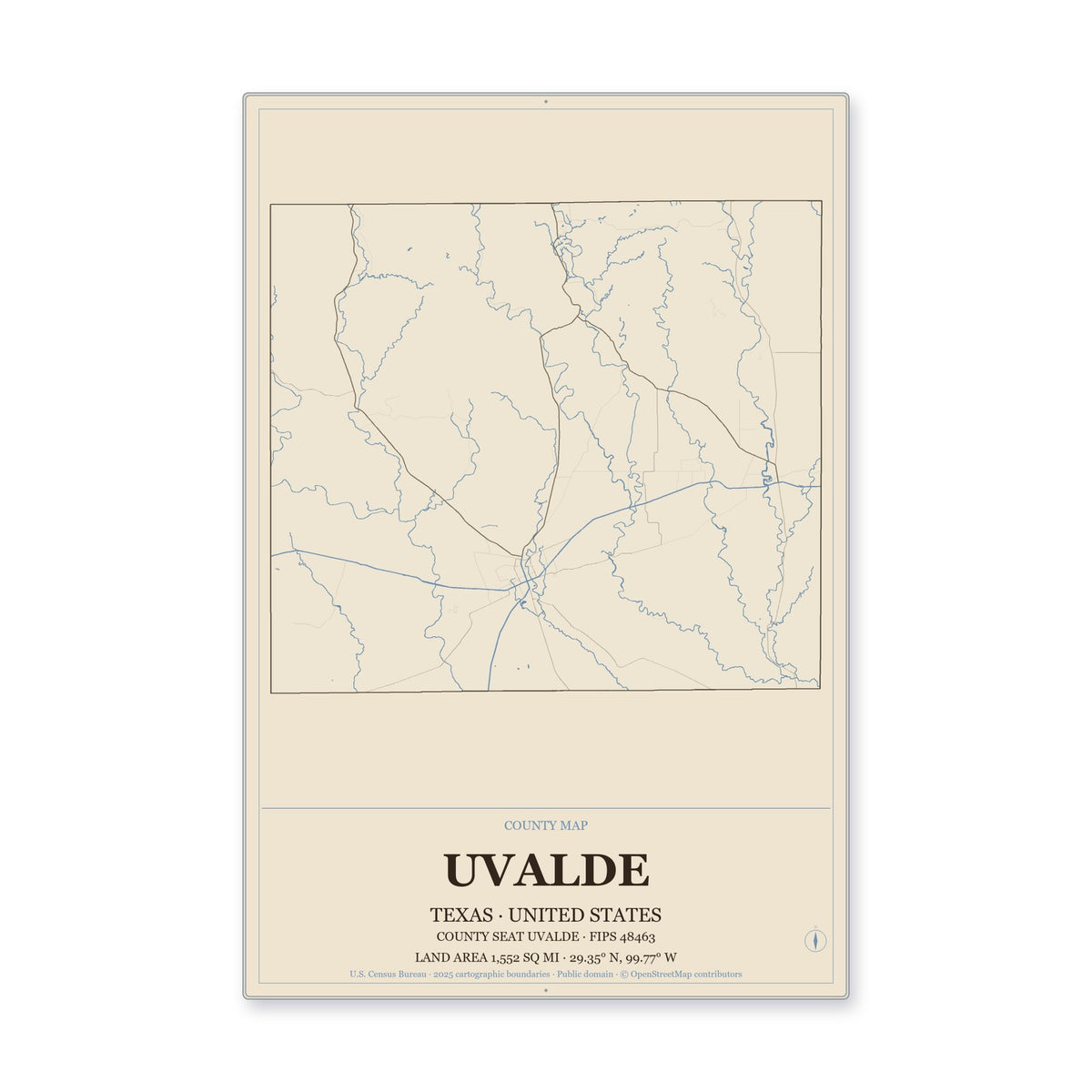 Uvalde County, Texas Map Aluminum Sign in Heritage Nautical style