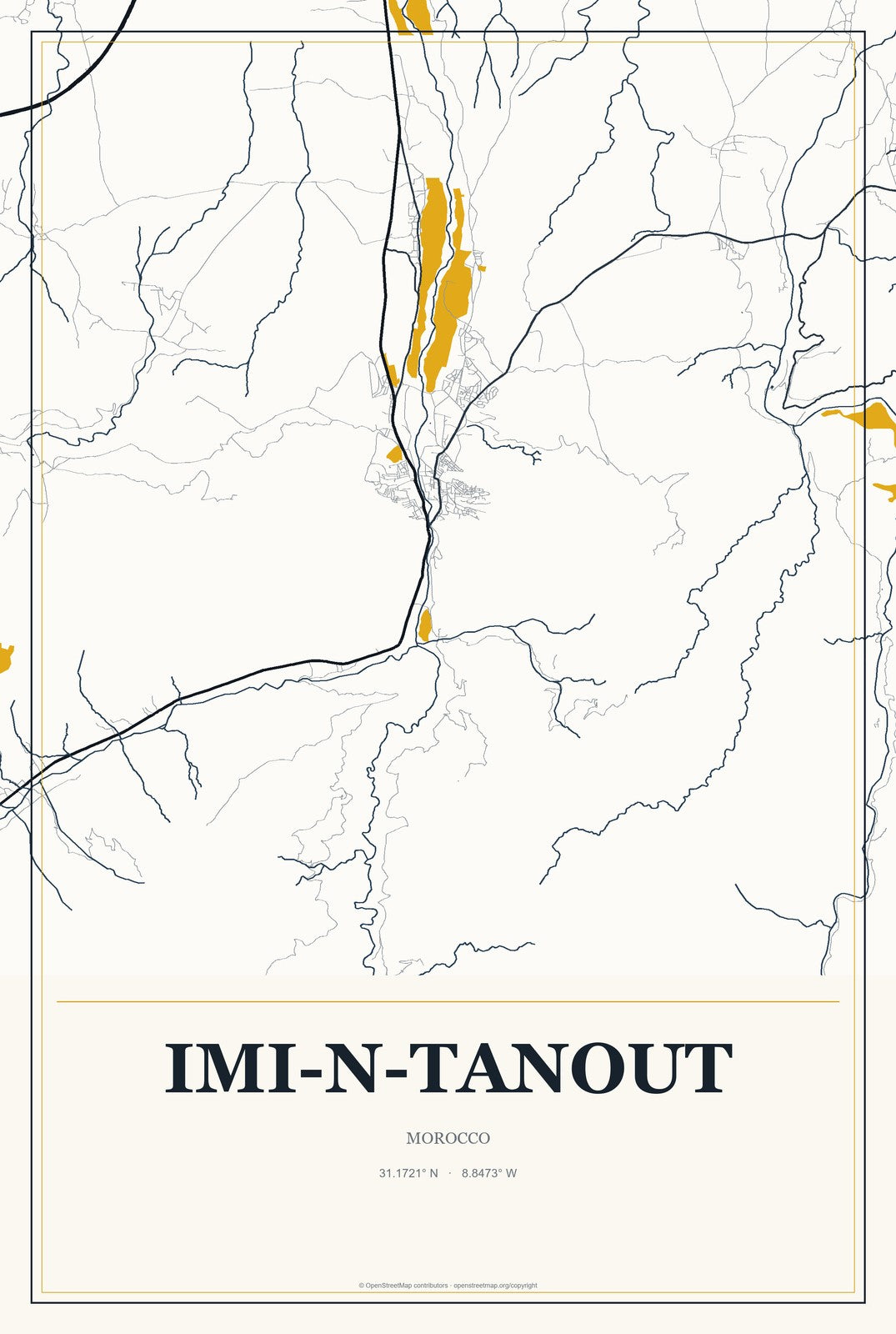 Imi-n-Tanout, Morocco City Map Aluminum Sign in Citrine Modern style