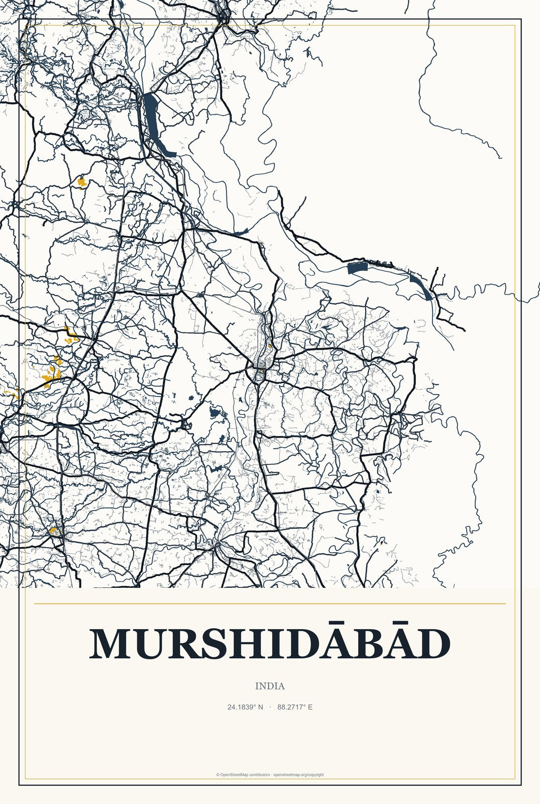 Murshidābād, India City Map Aluminum Sign in Citrine Modern style