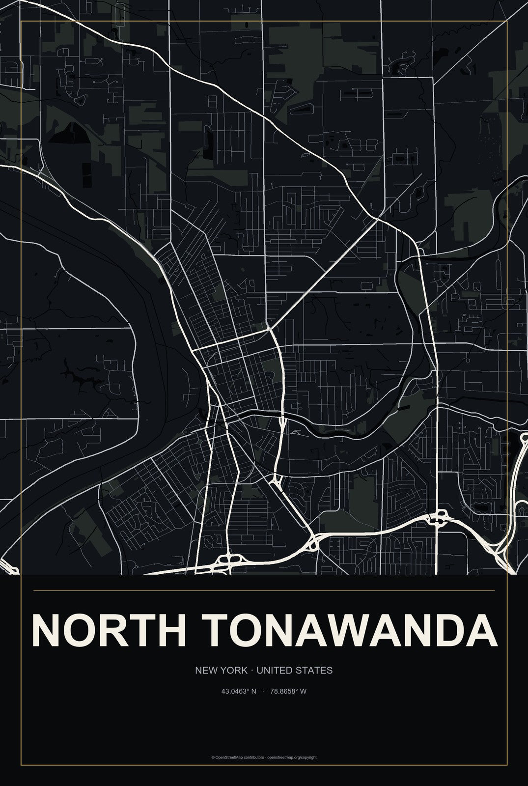 North Tonawanda, New York City Map Aluminum Sign in Metropolitan Noir style