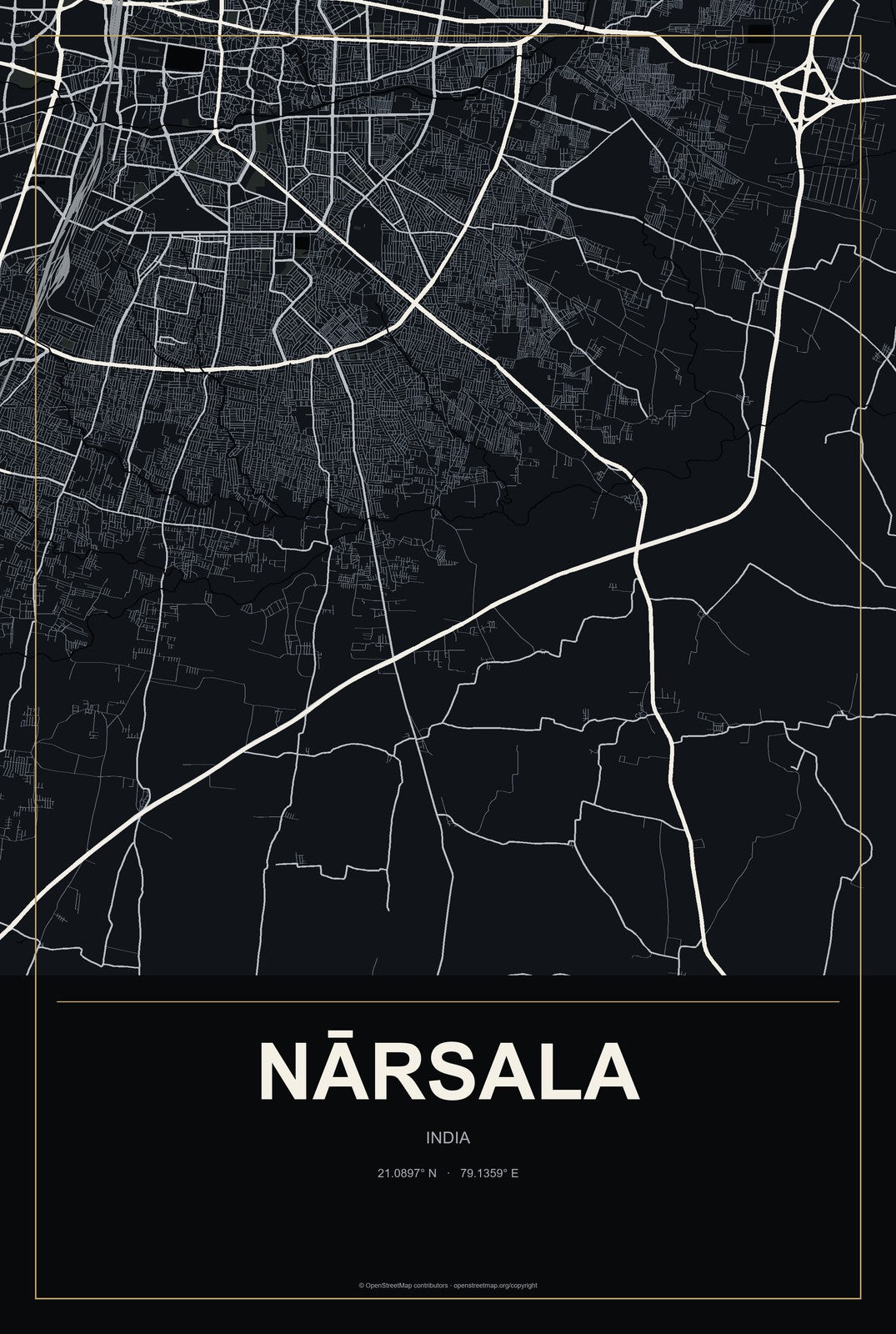 Nārsala, India City Map Aluminum Sign in Metropolitan Noir style