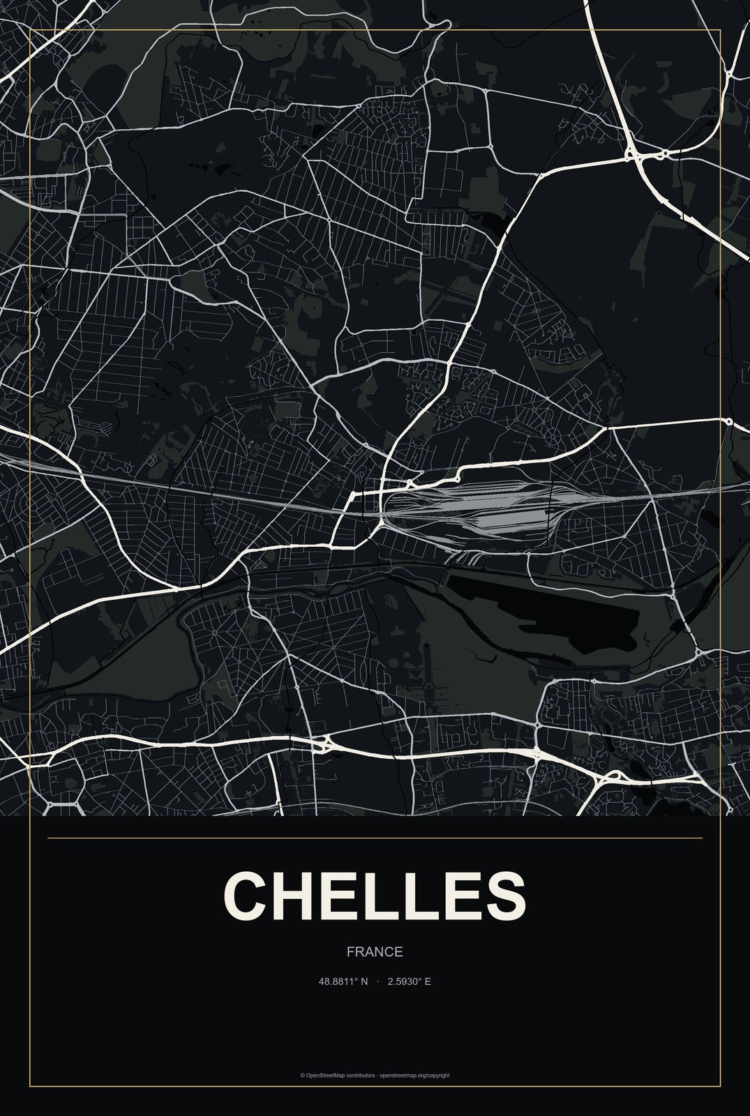 Chelles, France City Map Aluminum Sign in Metropolitan Noir style