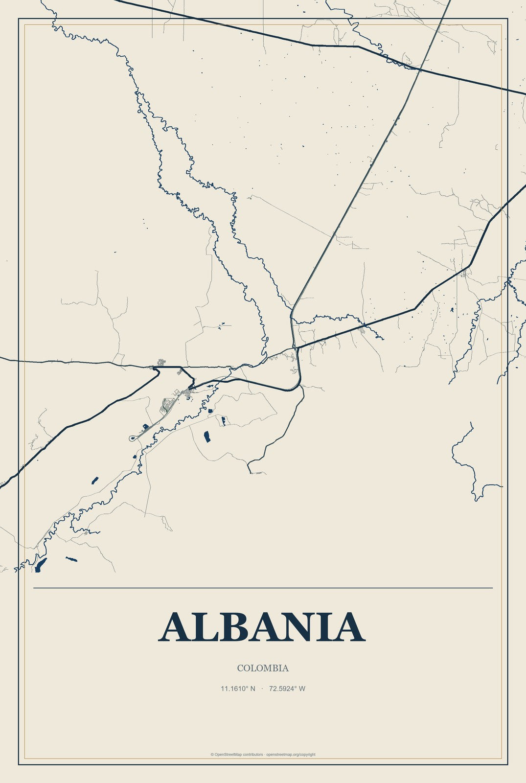 Albania, Colombia City Map Aluminum Sign in Coastal Cutout style
