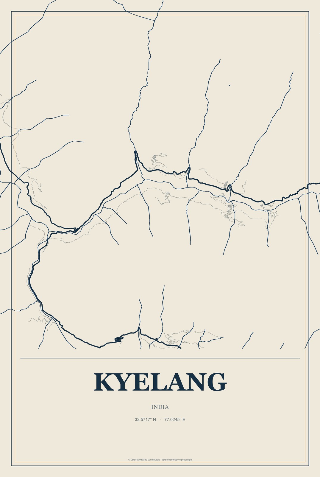 Kyelang, India City Map Aluminum Sign in Coastal Cutout style