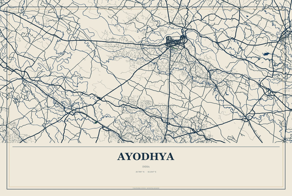 Ayodhya, India City Map Aluminum Sign in Coastal Cutout style