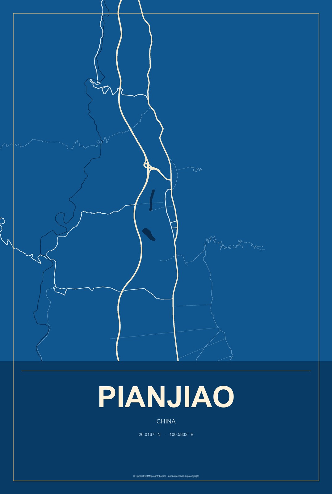 Pianjiao, China City Map Aluminum Sign in Harbor Cobalt style