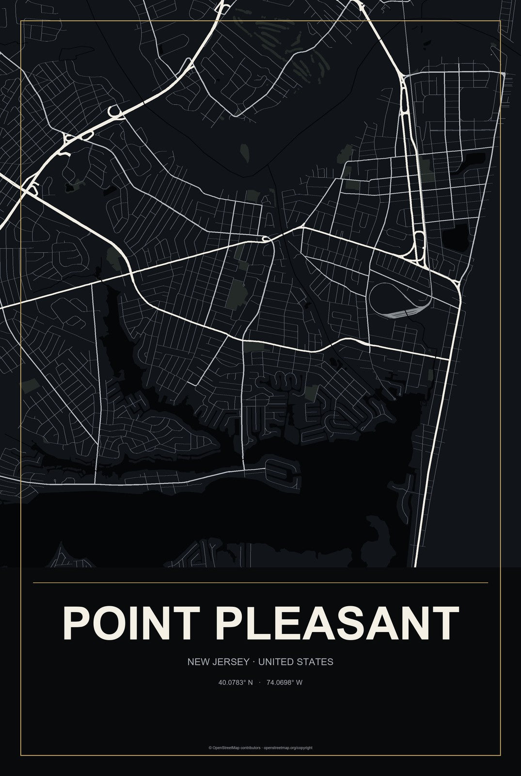 Point Pleasant, New Jersey City Map Aluminum Sign in Metropolitan Noir style