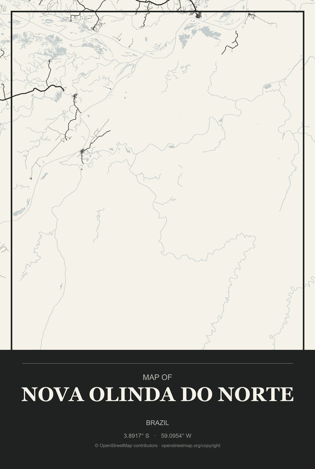 Nova Olinda do Norte, Brazil City Map Aluminum Sign in Museum Plaque style