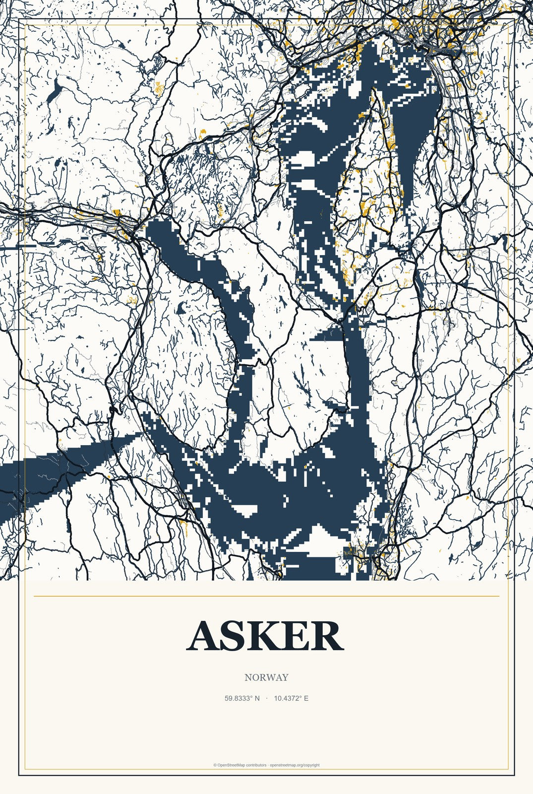 Asker, Norway City Map Aluminum Sign in Citrine Modern style
