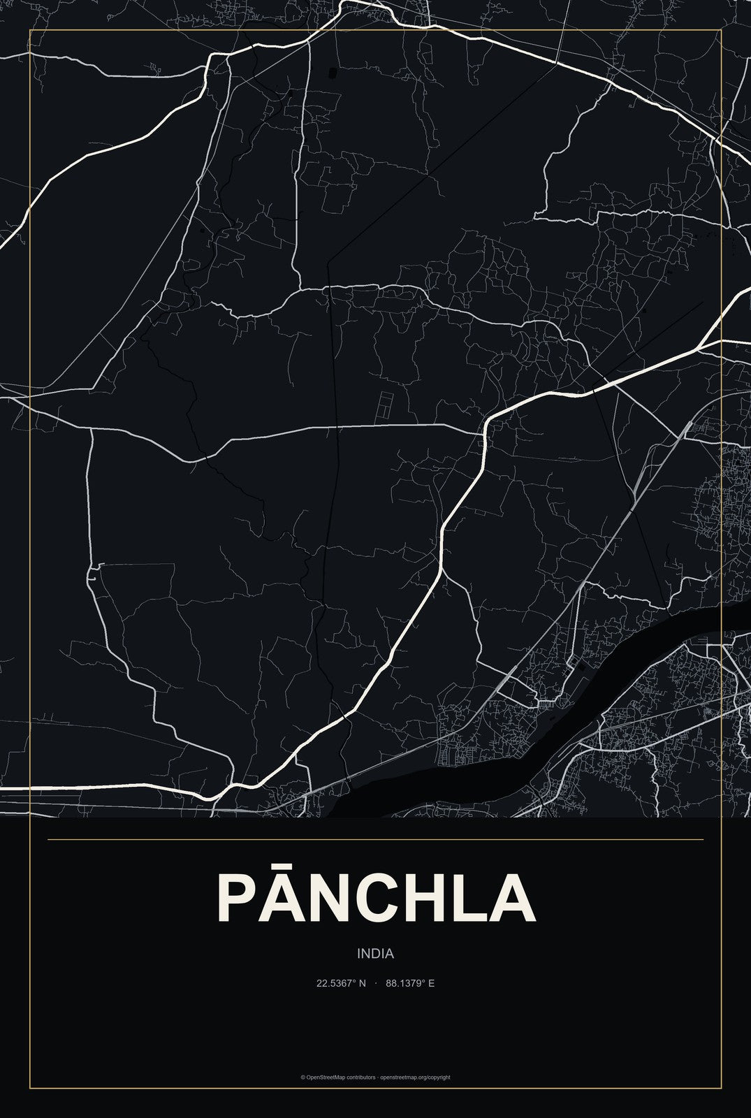 Pānchla, India City Map Aluminum Sign in Metropolitan Noir style