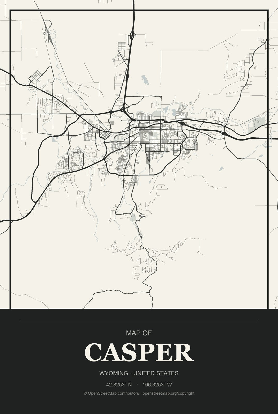 Casper, Wyoming City Map Aluminum Sign in Museum Plaque style