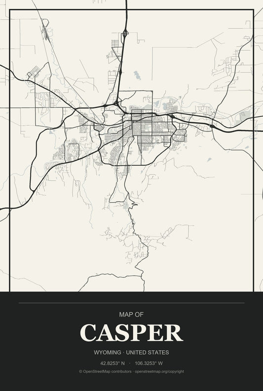 Casper, Wyoming City Map Aluminum Sign in Museum Plaque style