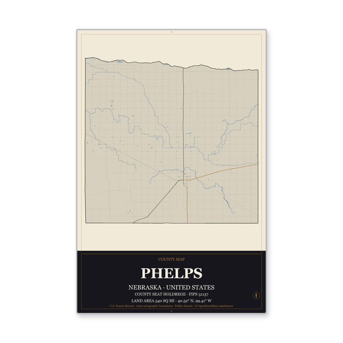 Phelps County, Nebraska Map Aluminum Sign in Museum Plaque style