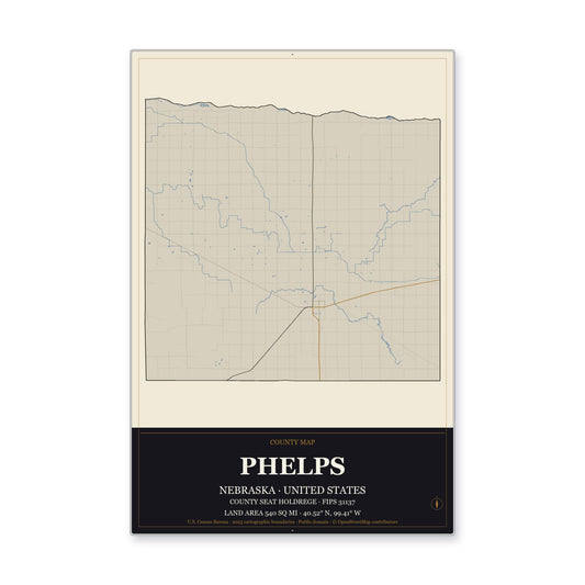 Phelps County, Nebraska Map Aluminum Sign in Museum Plaque style