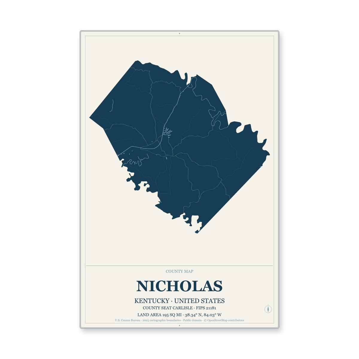 Nicholas County, Kentucky Map Aluminum Sign in Coastal Cutout style