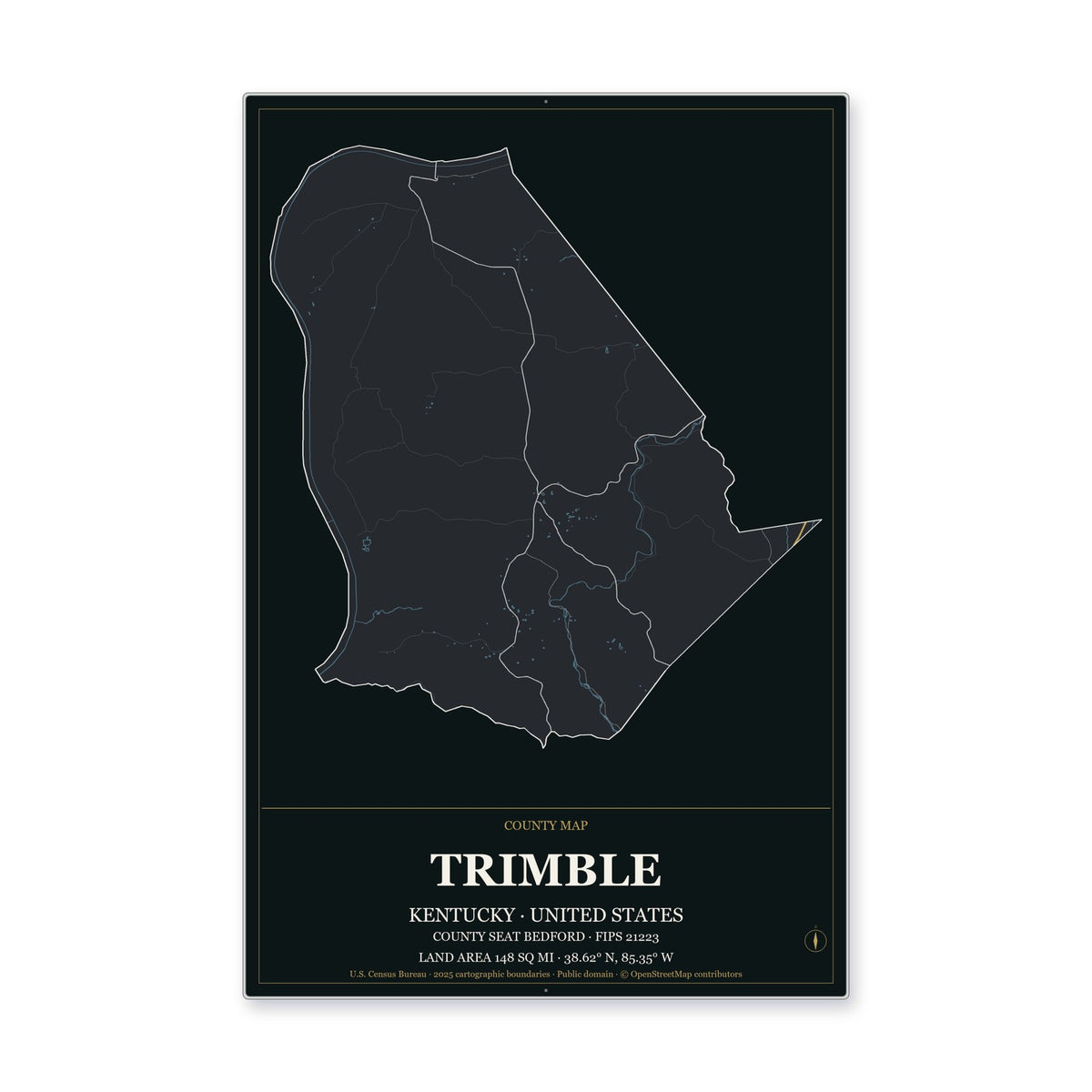 Trimble County, Kentucky Map Aluminum Sign in Metropolitan Noir style