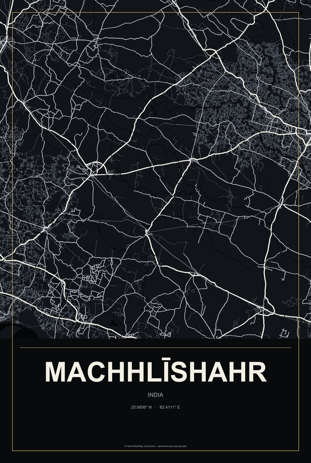 Machhlīshahr, India City Map Aluminum Sign in Metropolitan Noir style