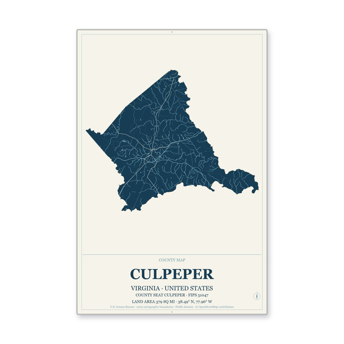 Culpeper County, Virginia Map Aluminum Sign in Coastal Cutout style