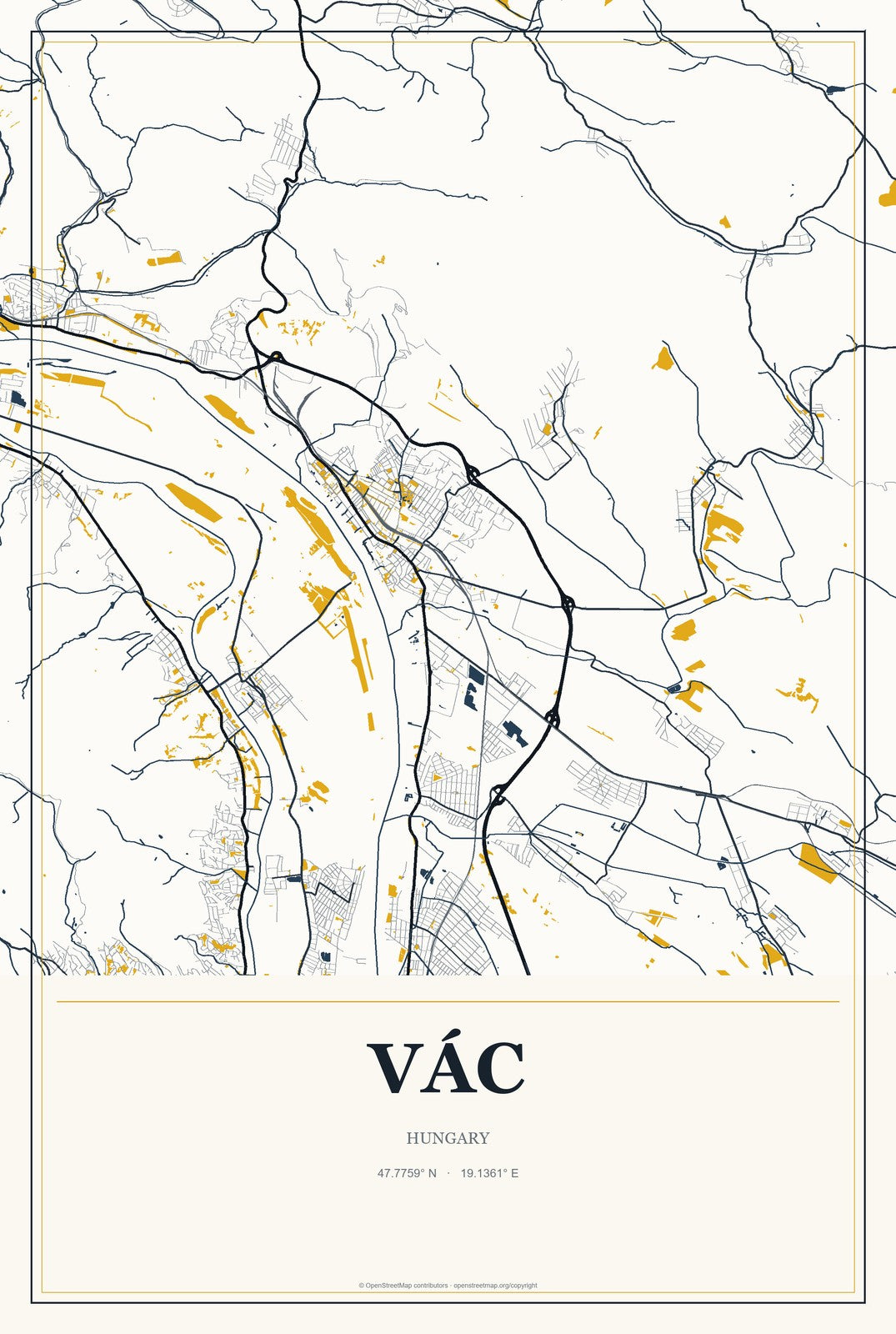 Vác, Hungary City Map Aluminum Sign in Citrine Modern style