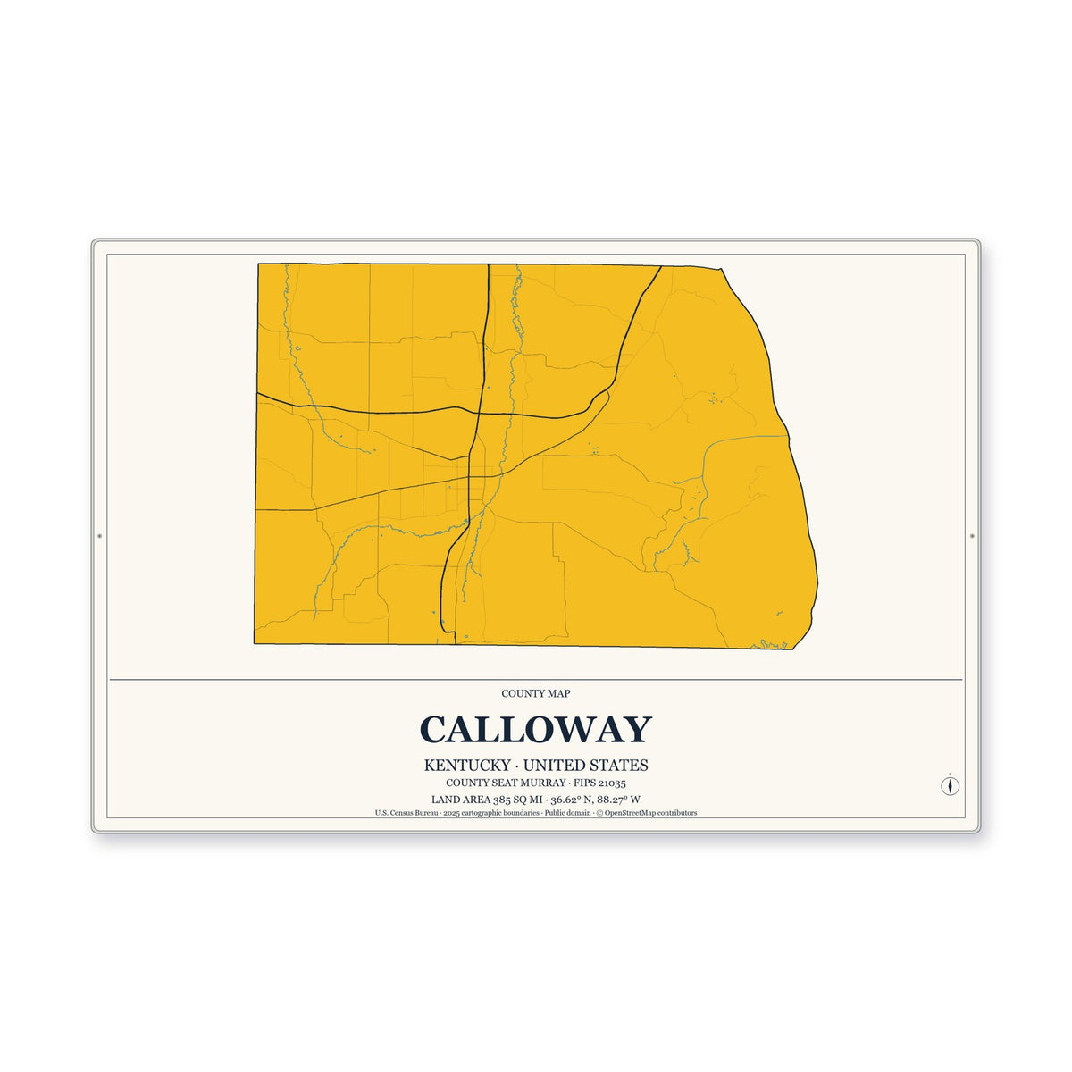 Calloway County, Kentucky Map Aluminum Sign in Citrine Modern style