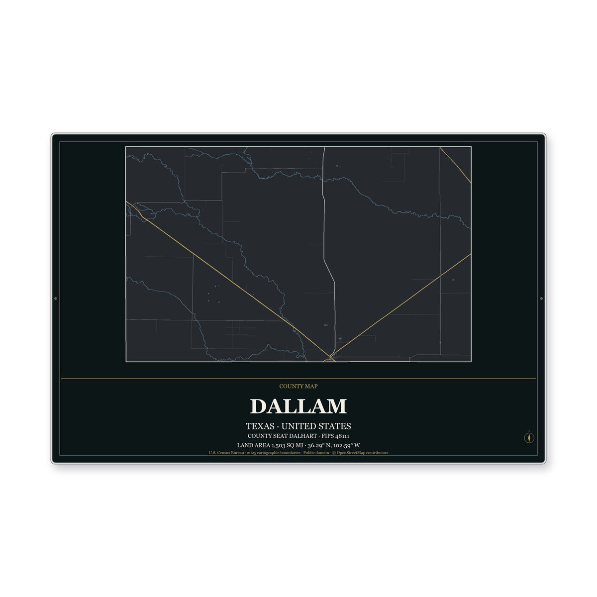 Dallam County, Texas Map Aluminum Sign in Metropolitan Noir style